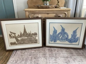 (2) Vintage gerahmtes tibetisches Reispapier Reiben 3 Bügel & 3 Tempelfiguren - Bild 1 von 8