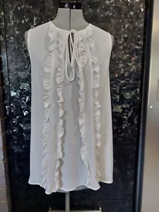 NEW CUE 12 M frilled ruffle off white sleeveless silky look front tie blouse top - Picture 1 of 9