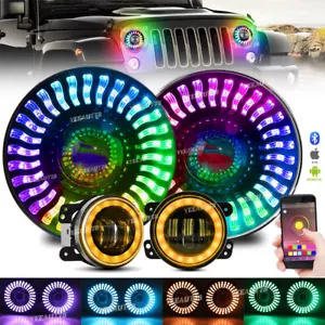 RGB Demon 7'' LED Headlights & 4'' Fog Light Coombo KIT For Jeep Wrangler JK JKU - Foto 1 di 12