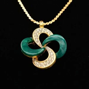 Vintage grüner Lucite Anhänger Halskette Strass Kette goldfarben NOS 80er BinA5 - Bild 1 von 12