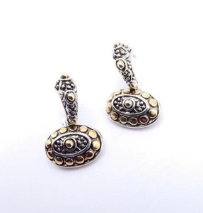 UNIQUE BALINESE Antique Silver Gold Dots Texture Oval 1" Dangle Post Earrings - Picture 1 of 9