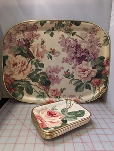Vintage Arnold Designs Chalford Glos Lg Floral Gold Tone Rim Tray 18,5" w/6 Sm Trays - Bild 1 von 9