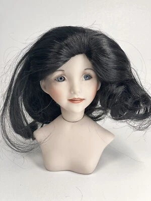 "Cabeza de muñeca giratoria de colección para piezas de muñeca de 15"" restaurar ojos azules peluca negra dientes" Foto 1 de 4