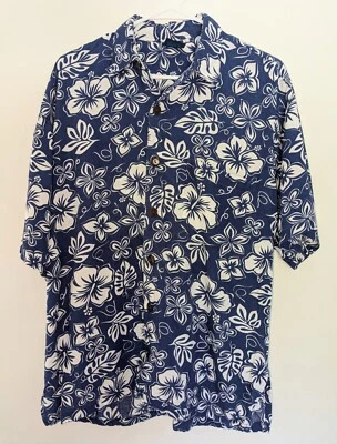 Camisa Hawaiana Mango Moon Para Hombre Talla L Azul y Blanco Verano Floral Rayón Foto 1 de 4