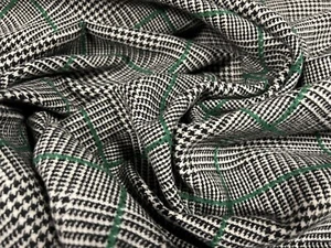 Wool Blend Fabric, Per Metre - Prince Of Wales Check - Grey & Emerald Green - Picture 1 of 3