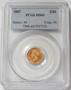 1887 GOLD USA PRINCESS HEAD $1 DOLLAR COIN PCGS MINT STATE 63 PQ - Picture 1 of 4