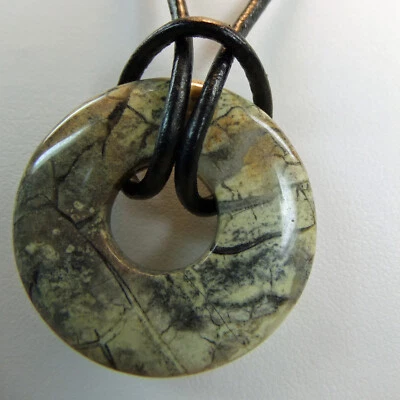 Grey Black Tan Jasper Small 1 1/8" Stone Donut Leather Cord Necklace NEW #66 - Image 1 of 4