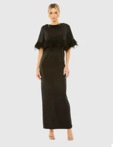 MAC DUGGAL 11787 QUARTER SLEEVE CRYSTAL NECK FEATHER DETAIL BLACK GOWN sz 16 - Picture 1 of 4