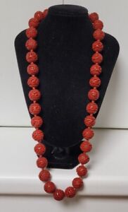 Vintage 57cm Sterling Silver Chinese Export Genuine Rust Cinnabar Bead Necklace 