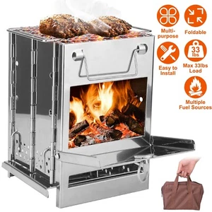Folding Stainless Steel Wood Burning Camping Stove for Picnic BBQ w/Portable Bag - Picture 1 of 12