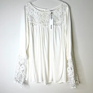 Top BB Dakota Mujer L Blanco Encaje Borde Manga Larga Túnica Fluida Boho Hada Nuevo con Etiquetas - Imagen 1 de 4