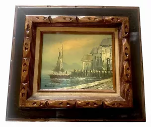 Dipinto vintage JENNER MCM OLIO SU TAVOLA LEGNO INTAGLIATO INCORNICIATO NAVE BARCA PORTO - Foto 1 di 6
