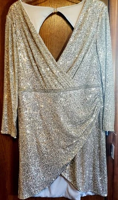 DAVID'S BRIDAL GOLD MOCK WRAP SEQUIN GOWN SIZE 18 W/RHINESTONE WAISTLINE - Image 1 of 4