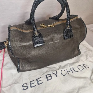 See By Chloe Handbag Olive Leather w/ Snakeskin Pattern Handles/Strap 2 Way Opt - Picture 1 of 24