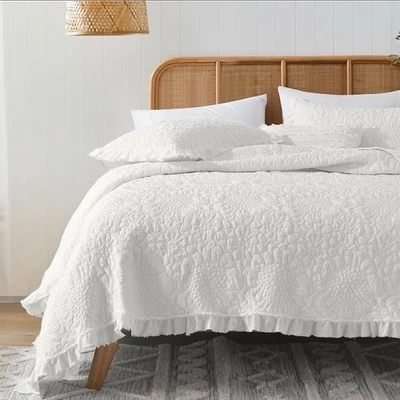 NEW Anthro White Cream Boho Ruffle Crinkle Queen / King Bedding Quilt & Sham Set - Image 1 of 4