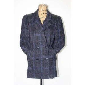 Vintage anni 80 NYG New York ragazza nero a quadri lana doppiopetto pavone donna S/M - Foto 1 di 19