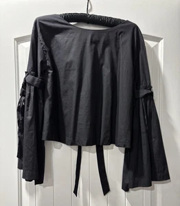 FREE PEOPLE BAUERN BLUSE Damen XS schwarz Bindeband Glockenärmel Shirt BOHO GOTHIC - Bild 1 von 4
