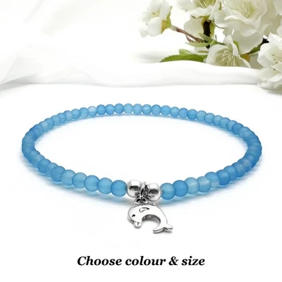 Dolphin Anklet, Frosted Glass Beads & Silver Charm, UK Handmade, Free P&P - Image 1 of 4