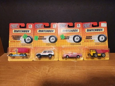 4 Vintage Carded Matchbox 1993 Jeep Cherokee Peterbilt Quarry Dump Truck... - Image 1 of 4
