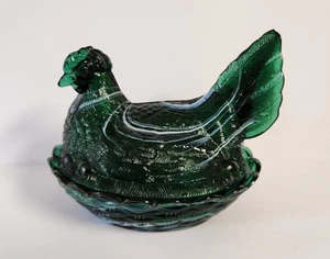 Mosser Slag Glass Hen On Nest Green With White Swirl 5.5" Tall 7" Long HON - Picture 1 of 9