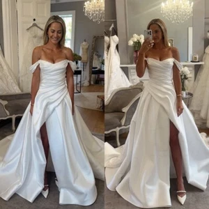 Wedding Dresses with Pearls Off Shoulder Sweep Train Bridal Gowns with Split - Picture 1 of 10