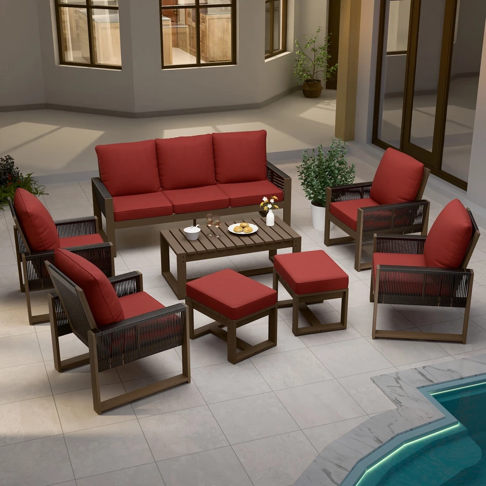 Juego de 8 piezas de muebles de patio de exterior de madera natural EAGLE PEAK Foto 1 de 4