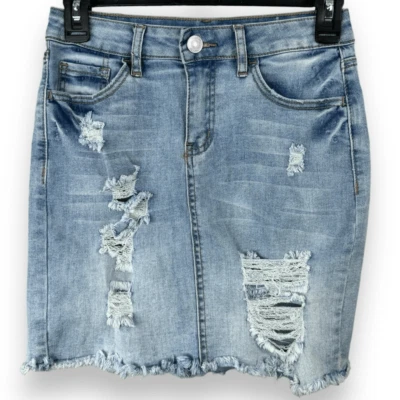 Rue21 Denim Mini Skirt Small S Women’s Jean Distressed Light Wash High Waisted - Image 1 of 4