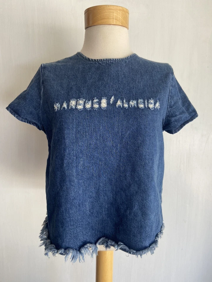 Top corto cuadrado deshilachado de mezclilla azul para mujer talla 4 MARQUES ALMEIDA x TOP SHOP Foto 1 de 4