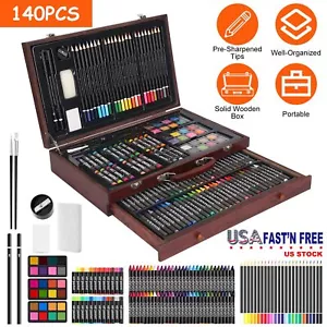 140Pcs Art Supplies Wooden Kit Oil Pastels Crayons Pencils Deluxe Set Kids Gift - Picture 1 of 16