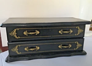 Vintage Black & Gold trim Jewelry Box compartments Drawer Mirror - Picture 1 of 14
