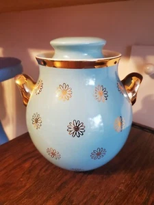 VINTAGE HALL'S SUPERIOR QUALITY KITCHENWARE COOKIE JAR BLUE/AQUA GOLD DAISIES - Picture 1 of 14