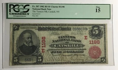 $5 RED SEAL CATSKILL NY National Bank Note Ch1198 Fr#587 - Image 1 of 2