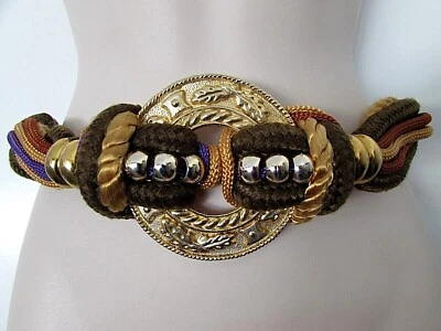 Vintage Rope Braid Beaded Brown Gold & Purple Waist Belt with Gold Medallion 34" - Image 1 of 4