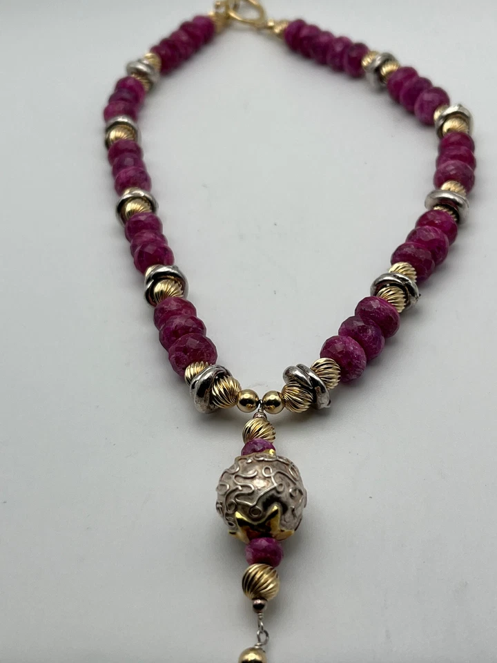 14K Yellow Gold 37 Raw Faceted Ruby Bead Dangle Necklace 88.63 Grams - Rare - Image 1 of 4