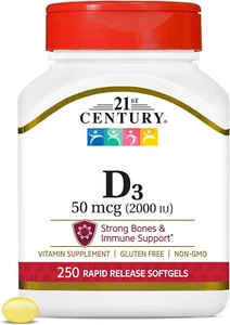(4PK) 21st Century D3 50mcg (2000IU) for Strong Bones, 250 Softgels 740985274163 - Picture 1 of 4