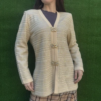 Chaqueta Cárdigan St. John Noche Tejido Crema Lentejuelas Dorado Cristal Hebillas L XL Foto 1 de 4