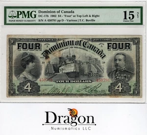 Dominion of Canada $4 Dollar 1902 DC-17b NET Choice Fine 15 NET PMG - Picture 1 of 2