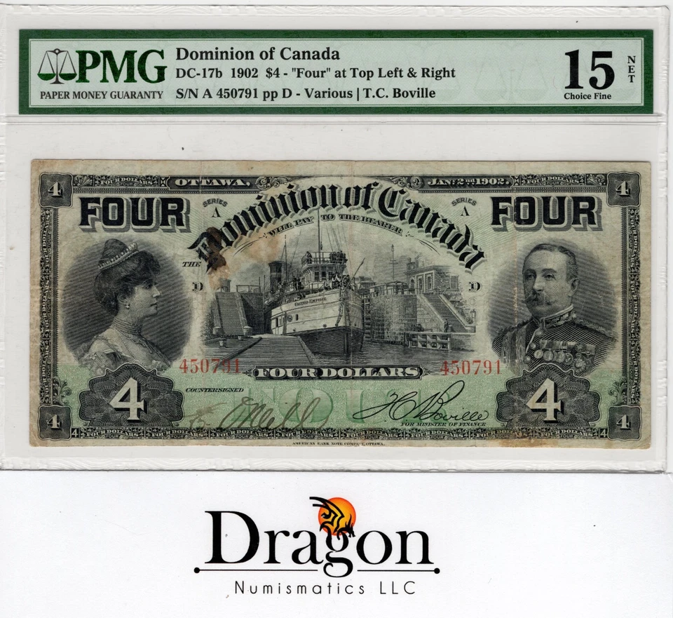 Dominion of Canada $4 Dollar 1902 DC-17b NET Choice Fine 15 NET PMG - Image 1 of 2