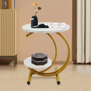 2 Tiers Side Table Round End Desk w/ Storage Shelf for Living Room Bedroom Decor - Picture 1 of 17