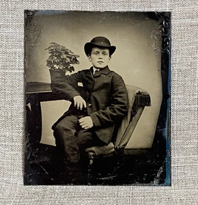 Antique c1870s Tin Type Photo Handsome Young Man Large Suit Bowler Hat & Plant - Picture 1 of 10