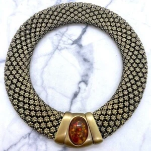 Egyptian Style Mesh Necklace Large Amber Cabochon Magnetic Closure Brass Color - Picture 1 of 10