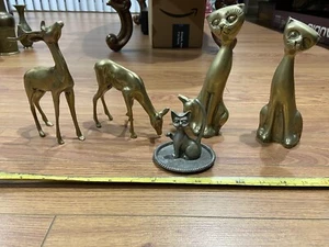 5 Vintages Brass Deer Buck & Doe , Brass Cats Figurines & Pewter Cat Figurine - Picture 1 of 12