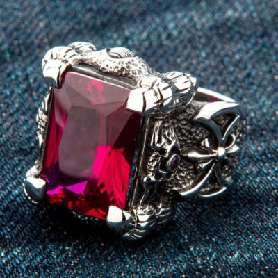 RUBY DRAGON CLAW AXE 925 STERLING SILVER MEN'S RING PUNK GOTHIC BIKER ROCKER - Image 1 of 4