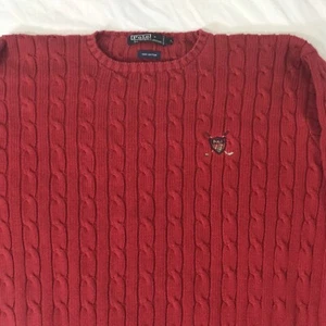 Polo Ralph Lauren Sweater Red Cotton Cable Knit Shield Plaid Golf Logo Size L - Picture 1 of 7