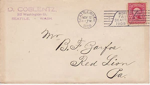 POSTGESCHICHTE - 1908 D COBLENTZ SEATTLE, WA CORNER CARD SEATTLE WORLD FAIR CANC - Bild 1 von 2