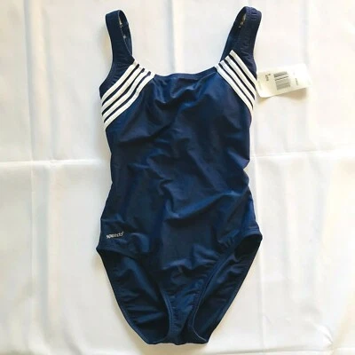 Traje de baño deportivo Speedo de una pieza para mujer talla 8 logotipo azul marino a rayas blanco Foto 1 de 4