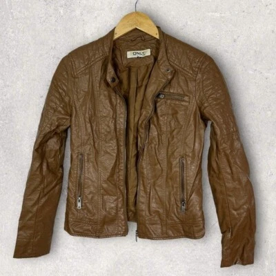 Simons Only Brown Faux Leather Moto Jacket Size 38 or Medium Zipper Boho Coat M Foto 1 de 4
