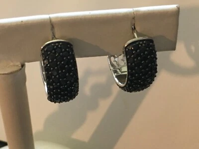 Black Spinel Wedding Band Hoop Huggie Earrings Sterling Silver NOS - Image 1 of 4