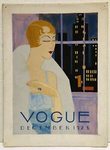 Original Art Deco Gouache Painting - December 1928 Cover Of Vogue Edwardo Benito