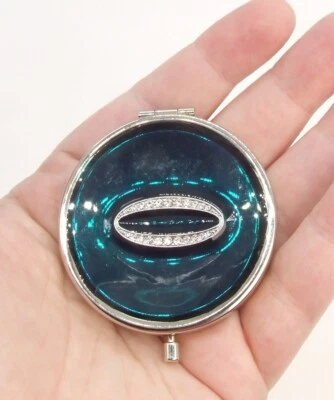 2" Diameter Crystal O Initial Blue Enamel Purse Compact Double Mirror Silver-T - Image 1 of 4